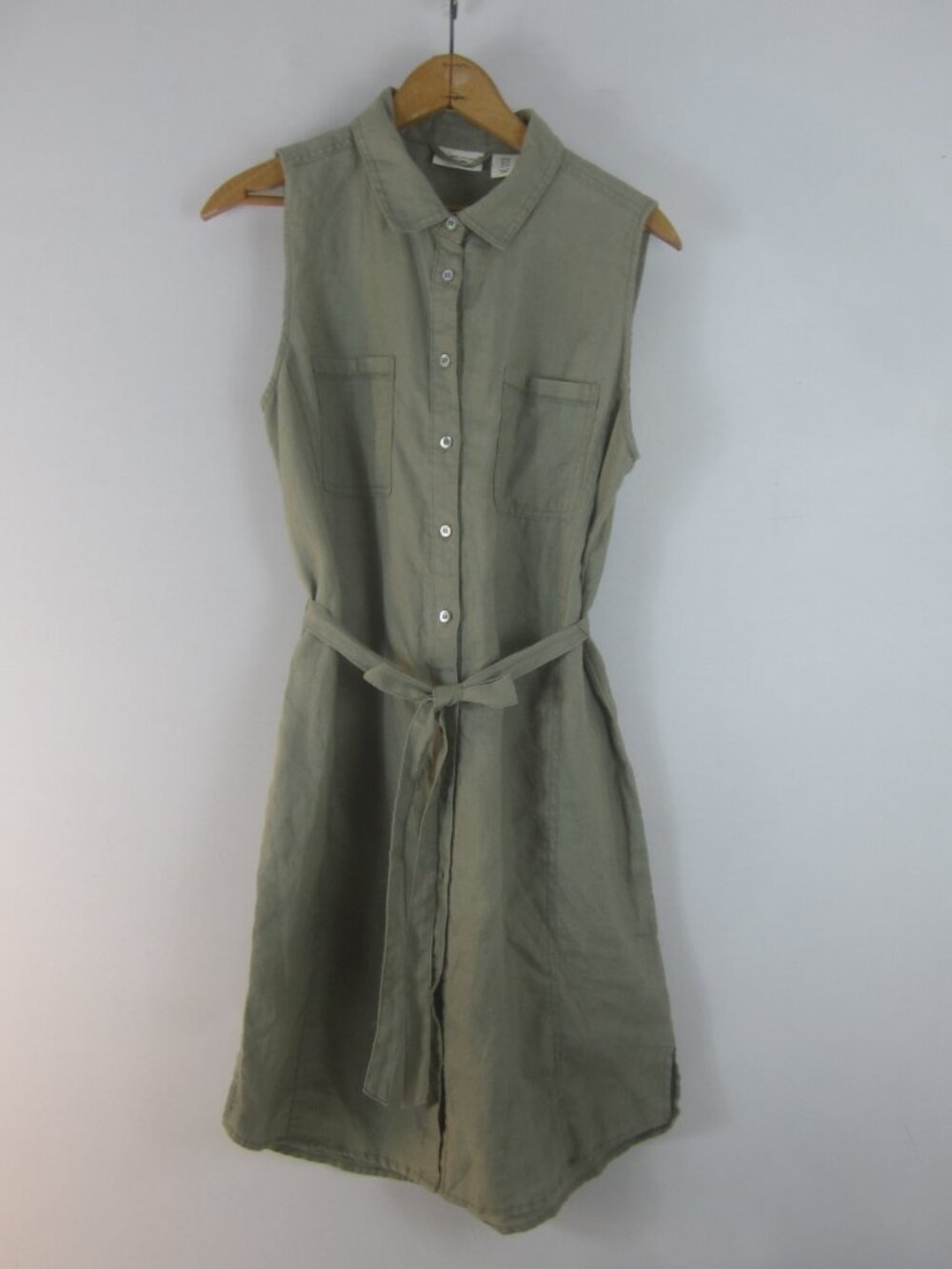 Adrienne Vittadini Women 10 Olive Green 100% Linen SS Cargo Belted Shirt Dress